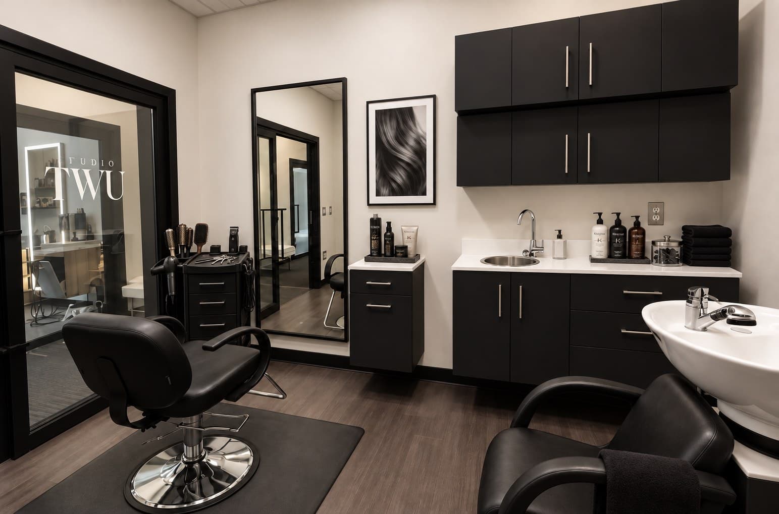StudioTWU's suite: black cabinetry, one chair, the name frosted on the glass door.